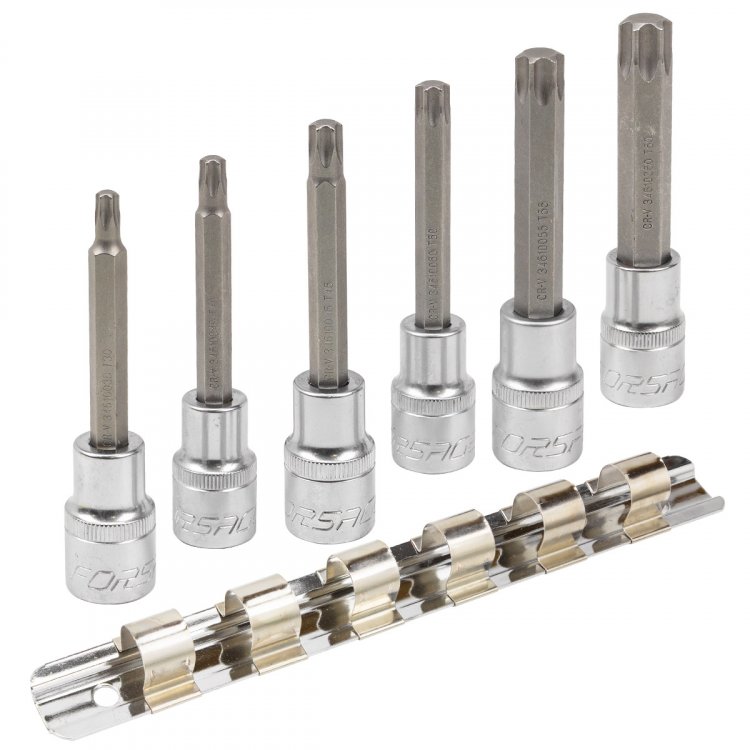 Набор головок-бит Torx 6-лучевых, 6 пр.(Т30,Т40,Т45,Т50,Т55,Т60; L-100мм) 1/2", на планке Набор головок-бит Torx 6-лучевых, 6 пр.(Т30,Т40,Т45,Т50,Т55,Т60; L-100мм) 1/2", на планке