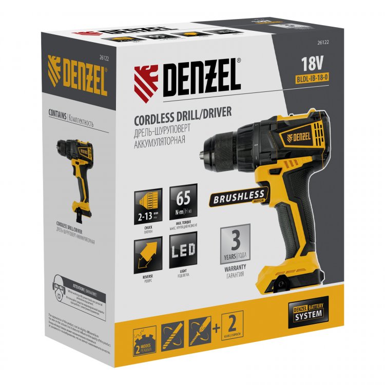 Дрель-шуруповерт аккумуляторная, бесщет. BLDL-IB-18-0, Li-Ion, 18 В // Denzel