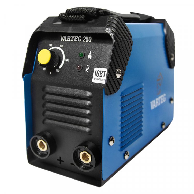 Сварочный аппарат Varteg 250 - Работает от 140В. Горячий старт, форсаж дуги, антизалипание. MMA, розетки 25 мм2, напряжение питания: 220В±15%, Диапазон сварочного тока: 20-250А, ПВ: 60%, ремень для переноски, комплектация: кабели 1,2 м, электрододерж
