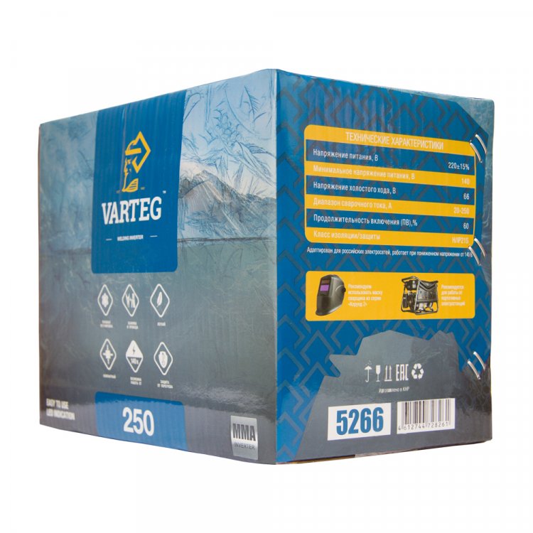 Сварочный аппарат Varteg 250 - Работает от 140В. Горячий старт, форсаж дуги, антизалипание. MMA, розетки 25 мм2, напряжение питания: 220В±15%, Диапазон сварочного тока: 20-250А, ПВ: 60%, ремень для переноски, комплектация: кабели 1,2 м, электрододерж