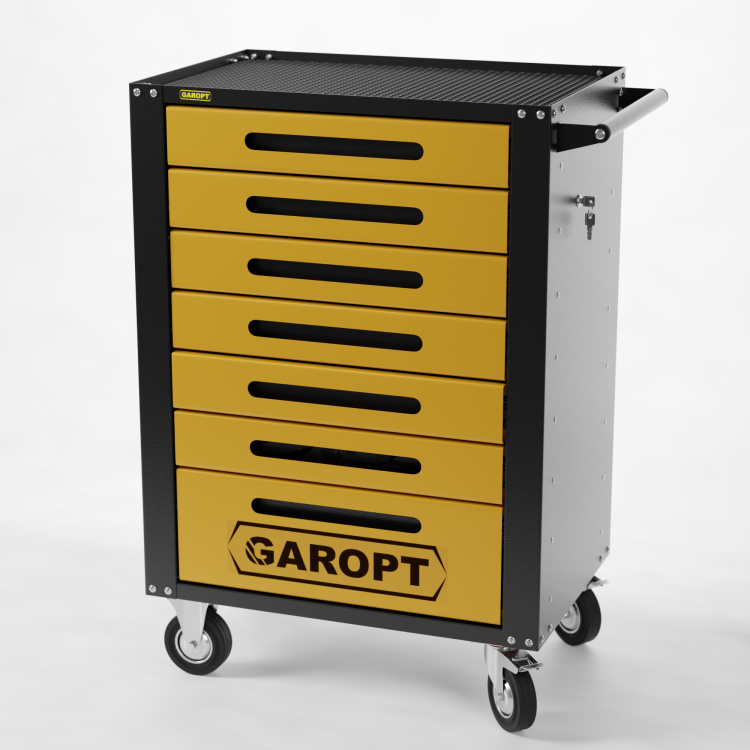Тележка инструментальная Garopt 7 ящиков ЖЁЛТАЯ, центральный замок, увеличенные колеса, доводчики, GAROPT Серия "High", высота 1040мм Тележка инструментальная Garopt 7 ящиков ЖЁЛТАЯ, центральный замок, увеличенные колеса, доводчики, GAROPT Серия "High", высота 1040мм