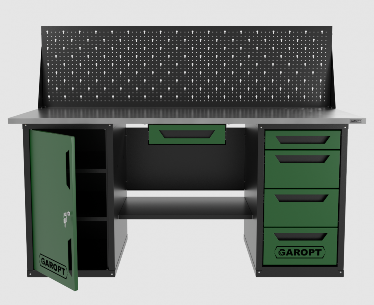 Верстак двухтумбовый дверь/4 ящиков с экраном и ящиком, зеленый 1800*700 Garopt, GT1800DY1Y4PP.green
