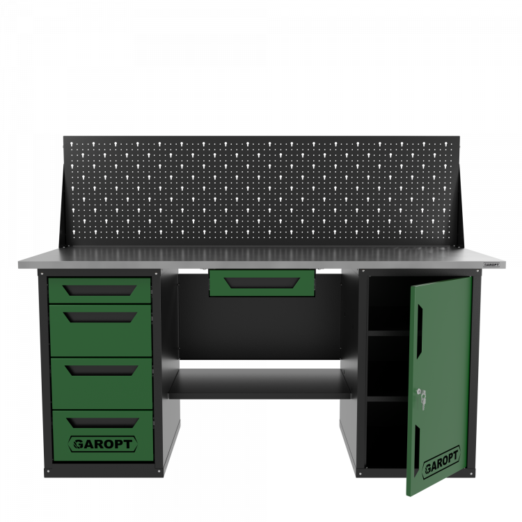 Верстак двухтумбовый дверь/4 ящиков с экраном и ящиком, зеленый 1800*700 Garopt, GT1800DY1Y4PP.green