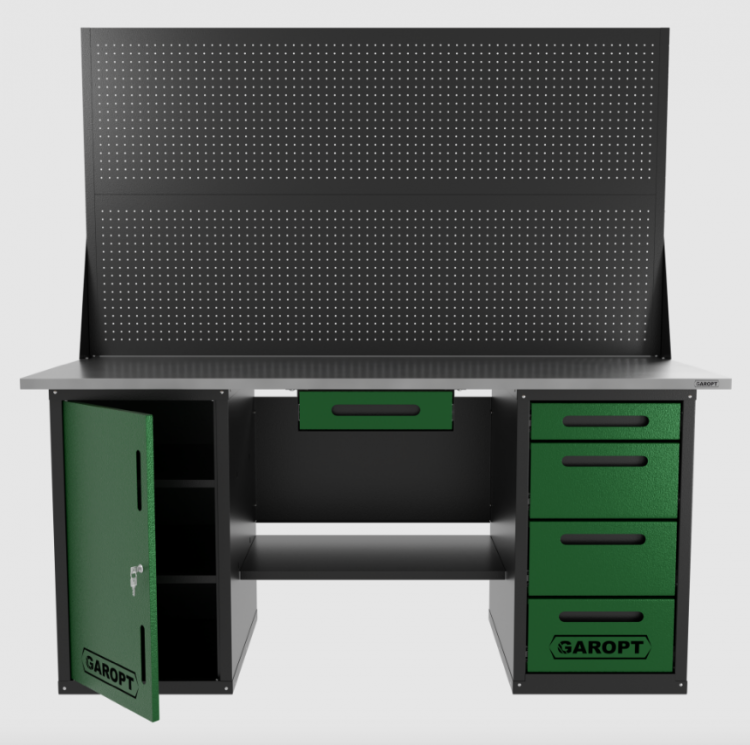 Верстак двухтумбовый дверь/4 ящиков с двумя экранами и ящиком, зеленый 1800*700 Garopt, GT1800DY1Y4PP2.green