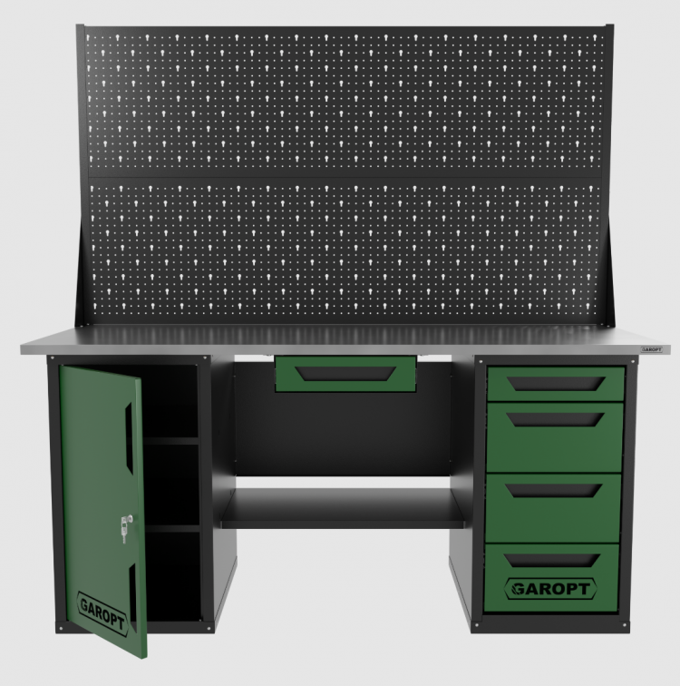 Верстак двухтумбовый дверь/4 ящиков с двумя экранами и ящиком, зеленый 1800*700 Garopt, GT1800DY1Y4PP2.green Верстак двухтумбовый дверь/4 ящиков с двумя экранами и ящиком, зеленый 1800*700 Garopt, GT1800DY1Y4PP2.green