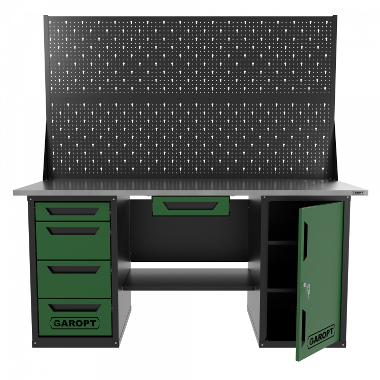 Верстак двухтумбовый дверь/4 ящиков с двумя экранами и ящиком, зеленый 1800*700 Garopt, GT1800DY1Y4PP2.green