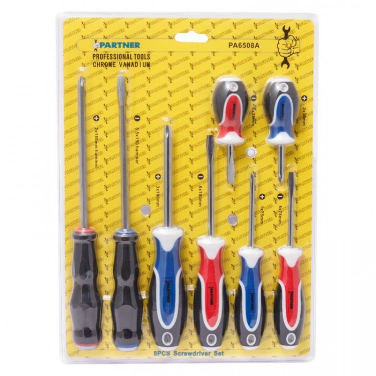 Набор отверток 8пр. (SL: 6х38мм, 5х75мм, 6х100мм, ударная 5.5х150мм, PH: PH3x100мм, PH1x75мм, PH2x38мм, ударная PH2x150мм)в блистере
