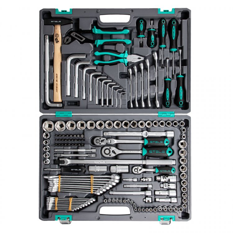 Набор инструментов 1/,2", 3/8", 1/4", CrV, пластиковый кейс 142 предм, Stels Набор инструментов 1/,2", 3/8", 1/4", CrV, пластиковый кейс 142 предм, Stels