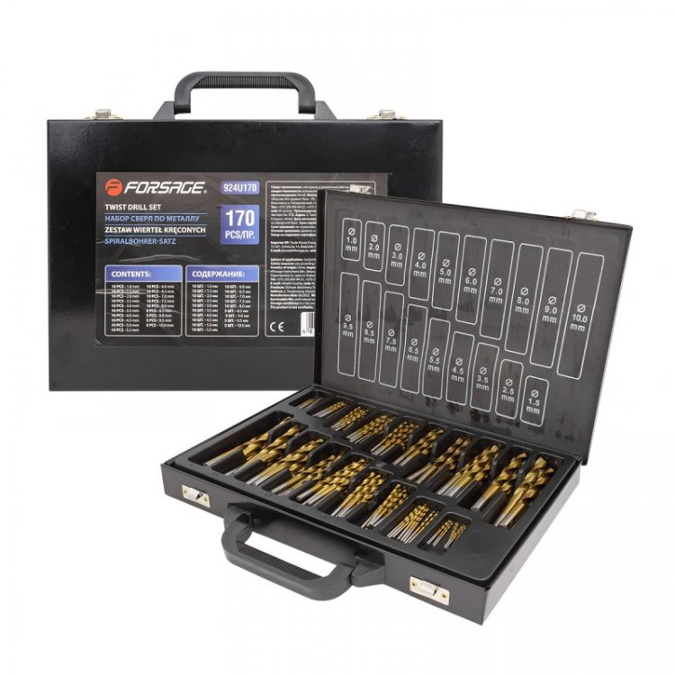 Набор сверл по металлу 170пр(1,1.5,2,2.5,3,3.5,4,4.5,5,5.5,6,6.5,7,7.5,8мм по 10шт;8.5,9,9.5,10мм по 5шт),в кейсе