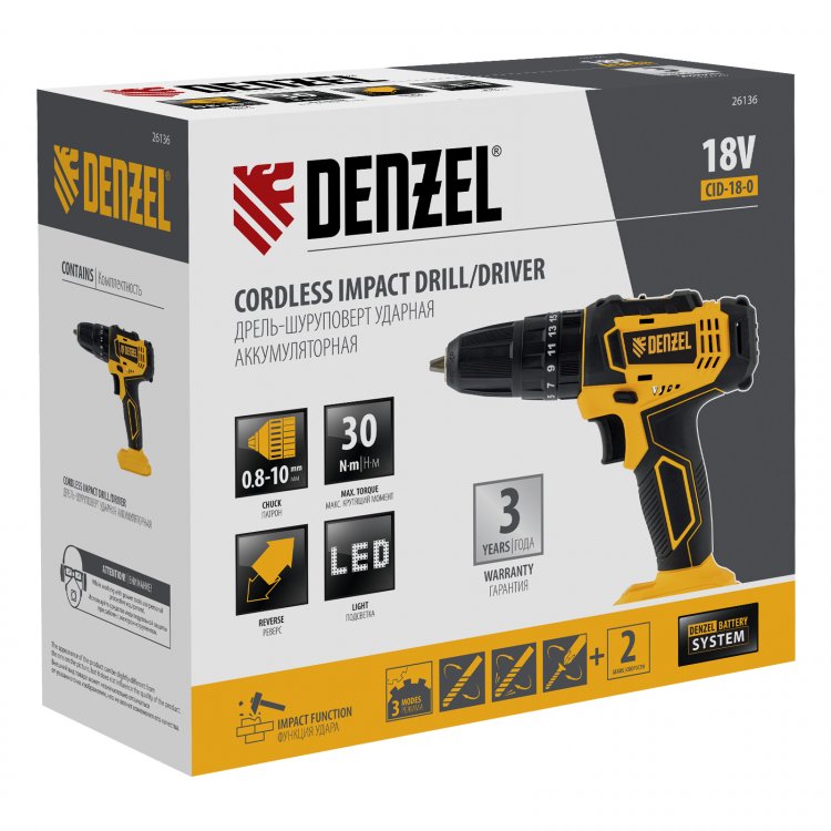 Дрель-шуруповерт аккумуляторная ударная CID-18-0, Li-Ion, 18 В // Denzel
