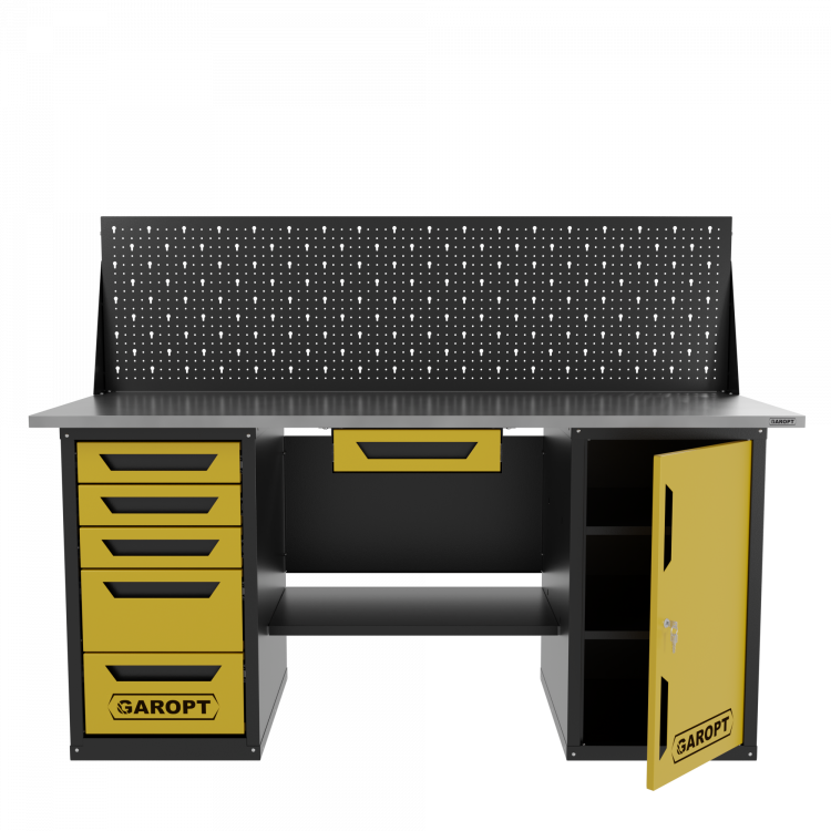 Верстак двухтумбовый дверь/5 ящиков с экраном и ящиком, желтый 1800*700 Garopt, GT1800DY1Y5PP.yell