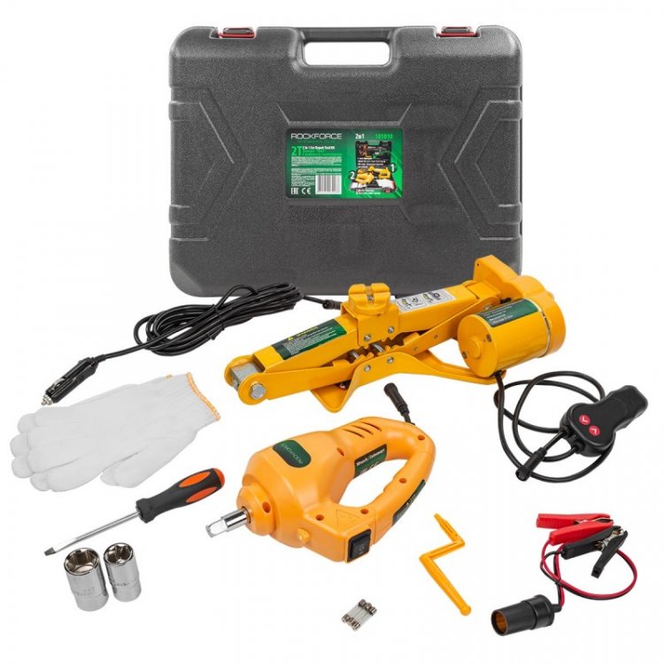 Автокомплект электро 2в1 (домкрат "ромб": 2т, h min 120мм, h max 350мм; гайковерт: 100Вт, 340Нм) Автокомплект электро 2в1 (домкрат "ромб": 2т, h min 120мм, h max 350мм; гайковерт: 100Вт, 340Нм)