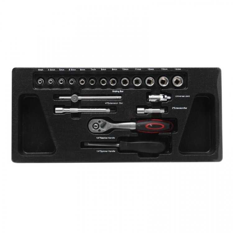 Набор инструментов 1/4"6 гр.(4-14мм трещотка 72 зуб,вороток 115мм,удлинители 50-100мм, кардан шарнирный, рукоятка для головок)19пр, в лотке Набор инструментов 1/4"6 гр.(4-14мм трещотка 72 зуб,вороток 115мм,удлинители 50-100мм, кардан шарнирный, рукоятка для головок)19пр, в лотке