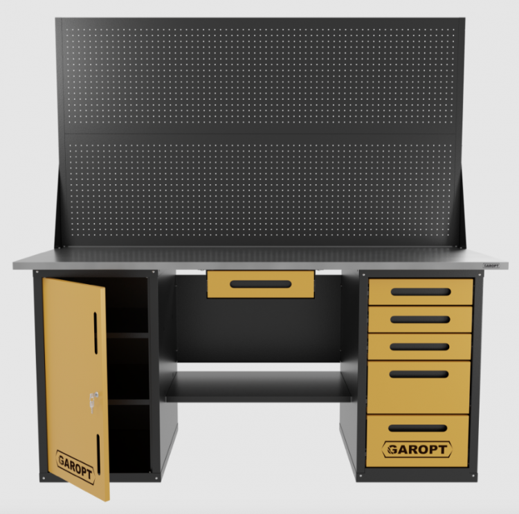 Верстак двухтумбовый дверь/5 ящиков с двумя экранами и ящиком, желтый 1800*700 Garopt, GT1800DY1Y5PP2.yell Верстак двухтумбовый дверь/5 ящиков с двумя экранами и ящиком, желтый 1800*700 Garopt, GT1800DY1Y5PP2.yell