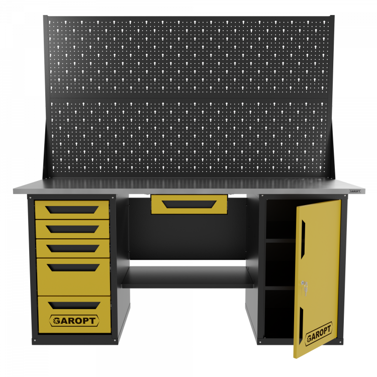 Верстак двухтумбовый дверь/5 ящиков с двумя экранами и ящиком, желтый 1800*700 Garopt, GT1800DY1Y5PP2.yell