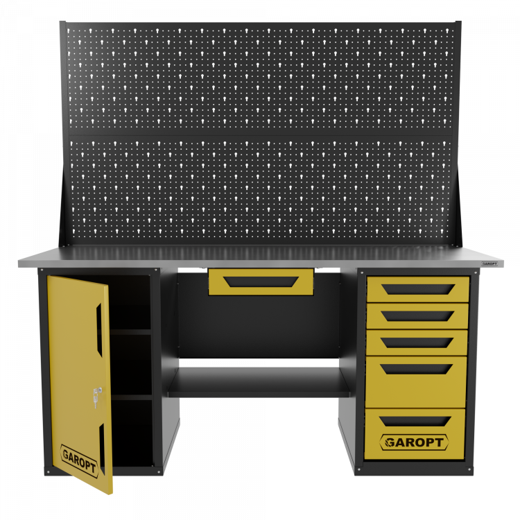 Верстак двухтумбовый дверь/5 ящиков с двумя экранами и ящиком, желтый 1800*700 Garopt, GT1800DY1Y5PP2.yell