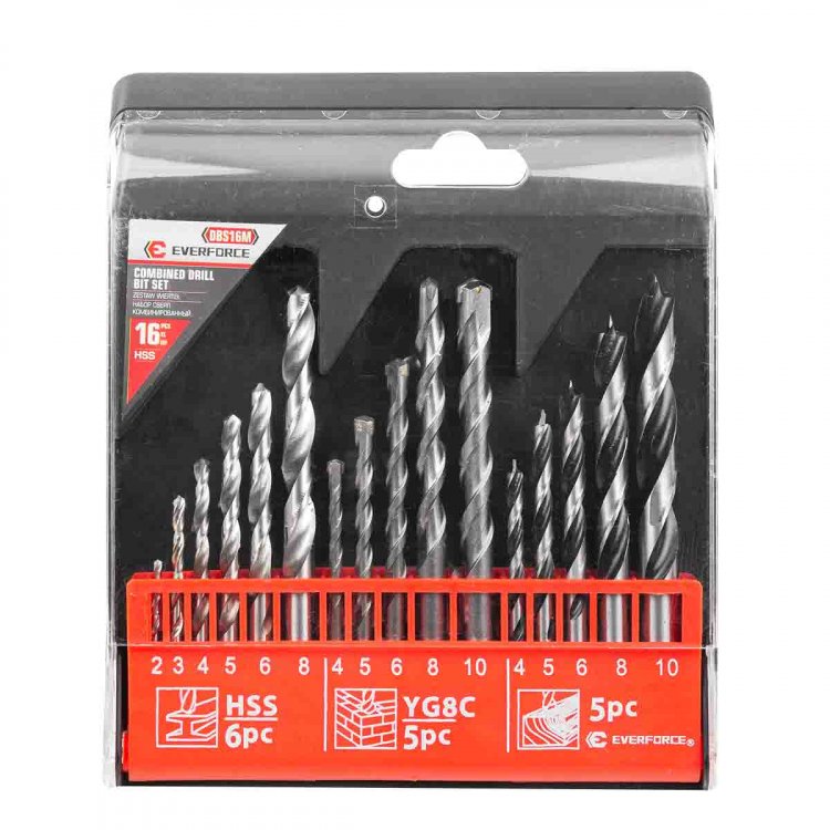 Сверла, набор комбинированный 16пр. (по металлу: 2-6, 8мм; по бетону: 4-6, 8, 10мм; по дереву: 4-6, 8, 10мм)