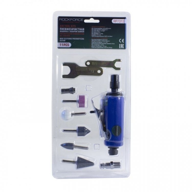 Пневмозачистная машинка  с комплектом камней 11пр(цанги:3мм,6мм25000об/мин, 85л/мин,6.3Bar,штуцер 1/4",штуцер 1/4")