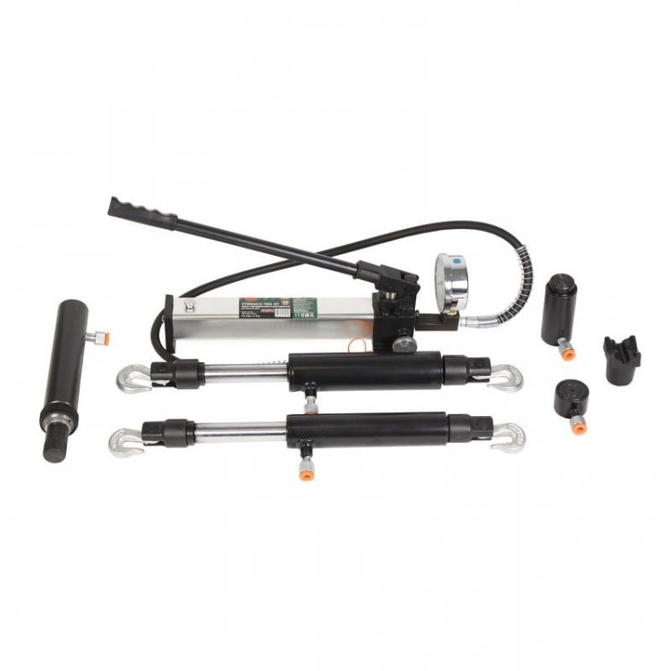 Набор гидравлического оборудования:насос с монометром10т;цилиндры:4,5,10т прямого и 5,10т обратного действия в кейсе