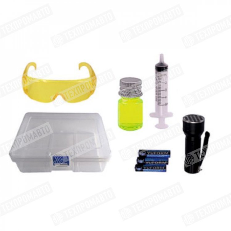 Набор в кейсе для поиска утечек в системе A/C автомобиля, очки, фонарик + батарейки, UV добавка, шприц