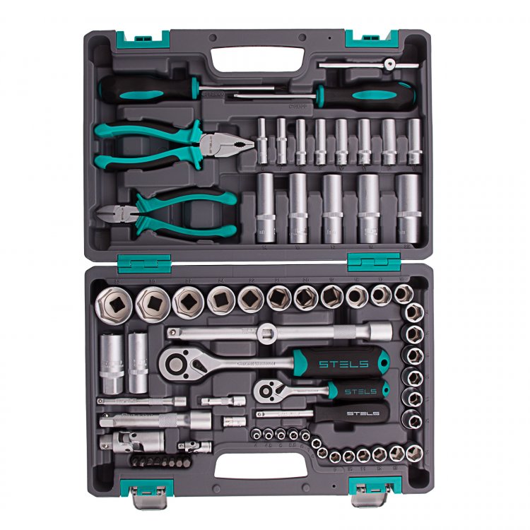Набор инструментов 1/2", 1/4", CrV, пластиковый кейс 69 предм, Stels Набор инструментов 1/2", 1/4", CrV, пластиковый кейс 69 предм, Stels