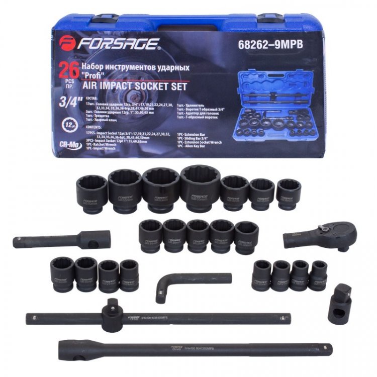 Набор инструментов ударных 26пр, 3/4" 1" (12гр.)(17,19,22,24,27,30,32,33,34,35,36,36-6гр,38,41,46,50мм;1":55,60,65мм)