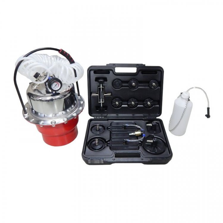 Приспособление для замены тормозной жидкости пневматическое  с набором крышек-переходников для расширительного бачка автомобиля