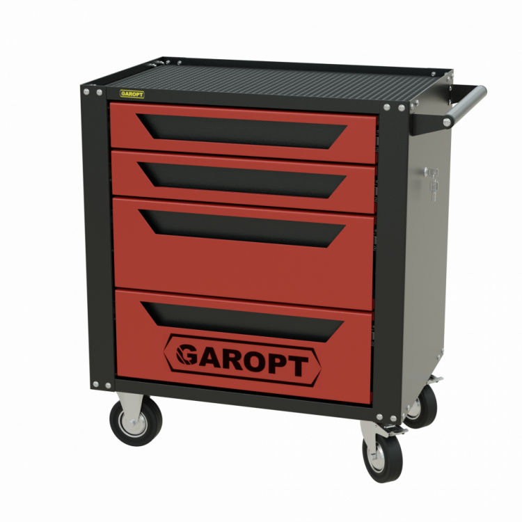 Тележка инструментальная Garopt 4 ящиков КРАСНАЯ, центральный замок, увеличенные колеса, доводчики, GAROPT  Серия "Standart"