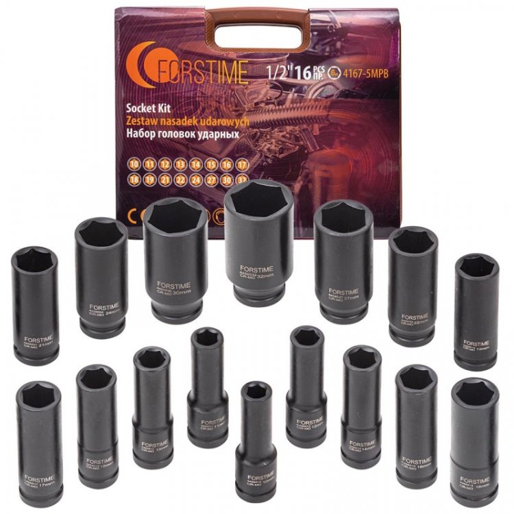 Набор головок ударных глубоких 16пр. 1/2'' 6гр.(10-19,21,22,24,27,30,32мм)в кейсе
