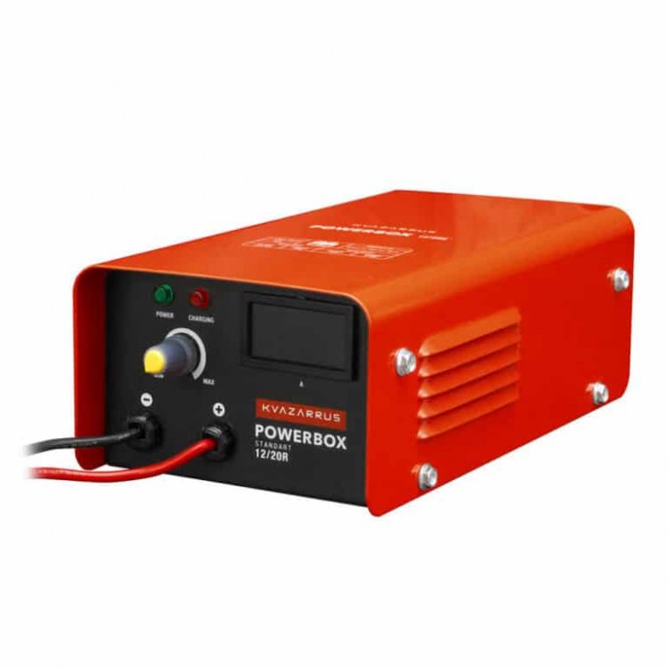 Зарядное устройство KVAZARRUS PowerBox 12/20R - Напряж. питан. - 220В/50Гц, потреб.ток - 1,8А, Заряж.аккум - 12В/30-300АЧ, ток заряда 5А-20А, напряж.заряда: 14.5-14.8, защита от перегрева, темп.-40С - +60С, длина сетевого кабеля - 1,5м, длина кабелей