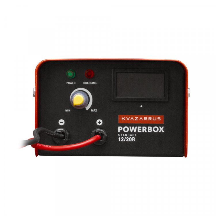 Зарядное устройство KVAZARRUS PowerBox 12/20R - Напряж. питан. - 220В/50Гц, потреб.ток - 1,8А, Заряж.аккум - 12В/30-300АЧ, ток заряда 5А-20А, напряж.заряда: 14.5-14.8, защита от перегрева, темп.-40С - +60С, длина сетевого кабеля - 1,5м, длина кабелей