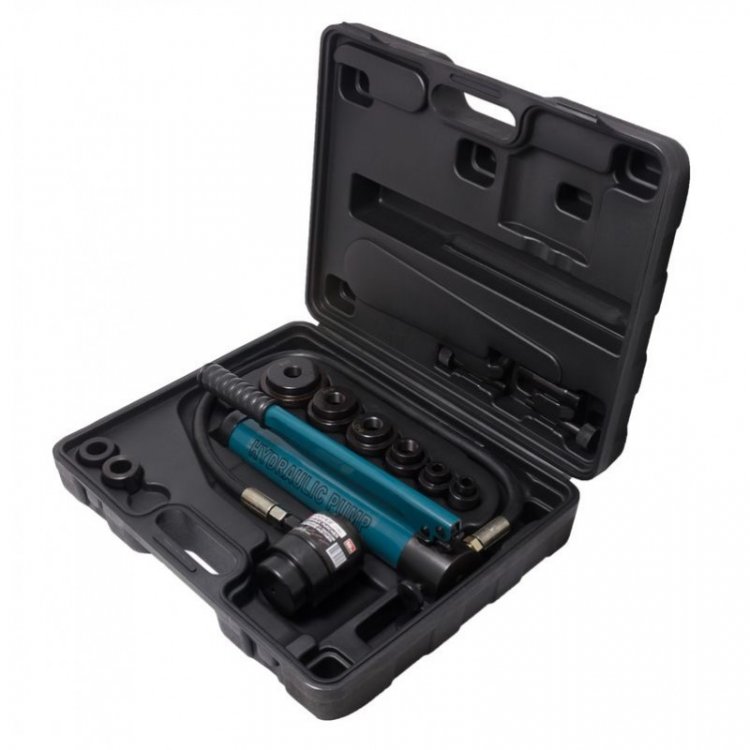 Пробойник гидравлический с насосом 11т (Ø22, 27.5, 34, 43, 49, 60мм; сталь нерж.-1.6мм; медь/алюм.-3.2мм,ход штока-22мм), в кейсе