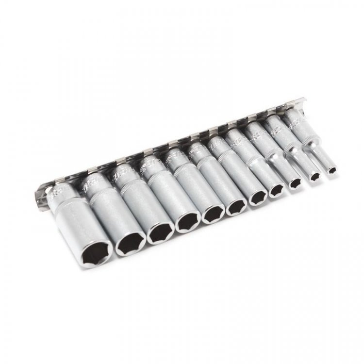 Набор головок глубоких 11пр. 1/4" 6гр.(4,5,5.5,6-13мм), на планке Набор головок глубоких 11пр. 1/4" 6гр.(4,5,5.5,6-13мм), на планке