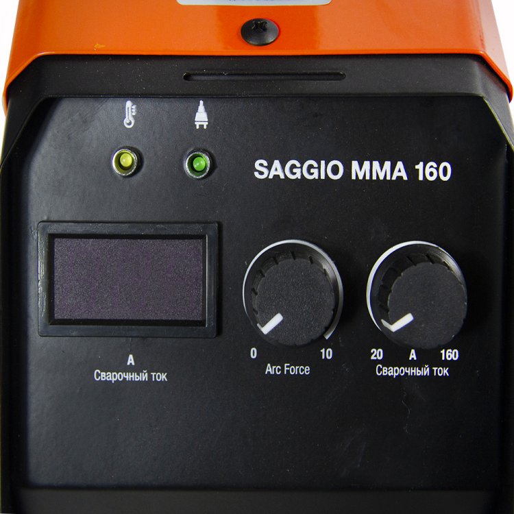 Сварочный аппарат SAGGIO MMA 160 - Регулировка форсажа дуги (контроль стабилизации дуги). Цифровой дисплей. Горячий старт, антизалипание. MMA, панельные розетки 35 мм2, напряжение питания: 220В±15%, Диапазон сварочного тока: 20-160А, ПВ: 60%, ручка д