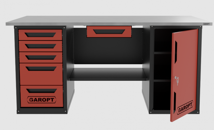 Верстак с ящиком двухтумбовый дверь/5 ящиков, красный 1800*700 Garopt, GT1800DY1Y5.red