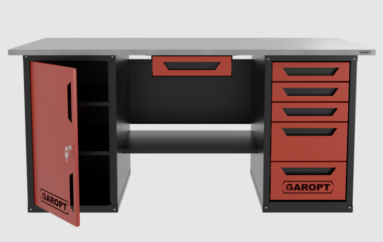 Верстак с ящиком двухтумбовый дверь/5 ящиков, красный 1800*700 Garopt, GT1800DY1Y5.red