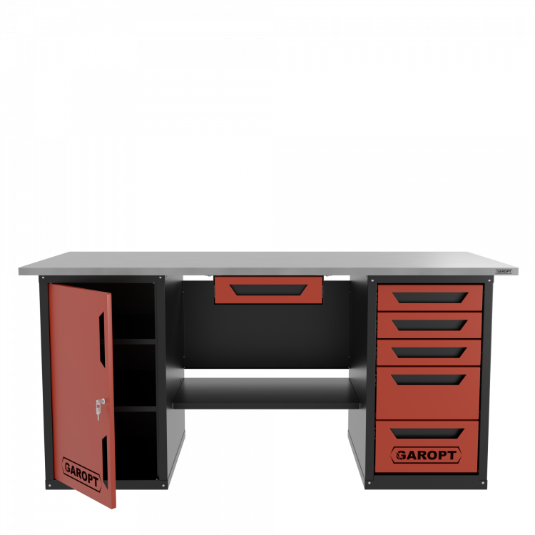 Верстак с ящиком двухтумбовый дверь/5 ящиков, красный 1800*700 Garopt, GT1800DY1Y5.red