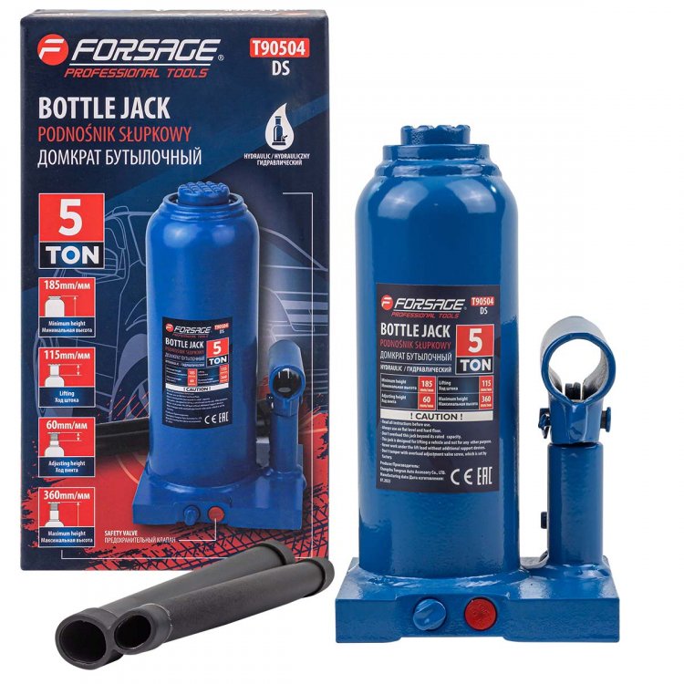 Домкрат гидравлический бутылочный, 5т (с предохранительным клапаном, минимальная высота: 185 мм, ход штока: 115 мм, ход винта: 60 мм, максимальная выс Домкрат гидравлический бутылочный, 5т (с предохранительным клапаном, минимальная высота: 185 мм, ход штока: 115 мм, ход винта: 60 мм, максимальная выс