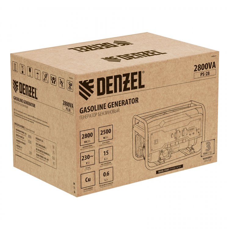 Генератор бензиновый PS-28, 2,8 кВт, 230В, 15л, ручной стартер// Denzel Генератор бензиновый PS-28, 2,8 кВт, 230В, 15л, ручной стартер// Denzel