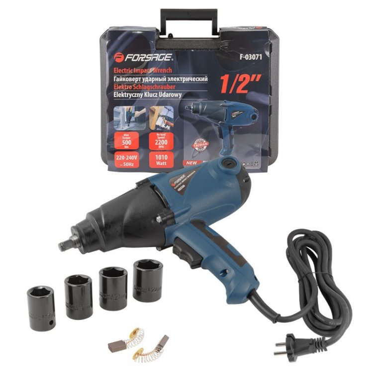 Гайковерт ударный электрический в комплекте со сменными головками 17,19,21,22мм 1/2"(220V,1010W,0-2200 об/мин, 500 Нм)+сменные угольные щетки, в кейсе