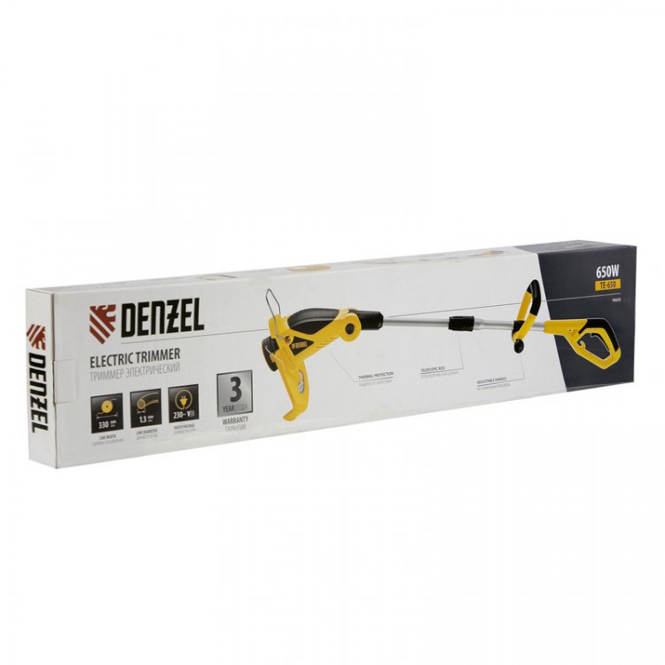 Триммер электрический TE-650, 650Вт,330мм,катушка автомат,телескоп.штанга,регул. углы накл.// Denzel Триммер электрический TE-650, 650Вт,330мм,катушка автомат,телескоп.штанга,регул. углы накл.// Denzel