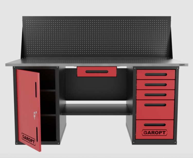 Верстак двухтумбовый дверь/5 ящиков с экраном и ящиком, красный 1800*700 Garopt, GT1800DY1Y5PP.red Верстак двухтумбовый дверь/5 ящиков с экраном и ящиком, красный 1800*700 Garopt, GT1800DY1Y5PP.red