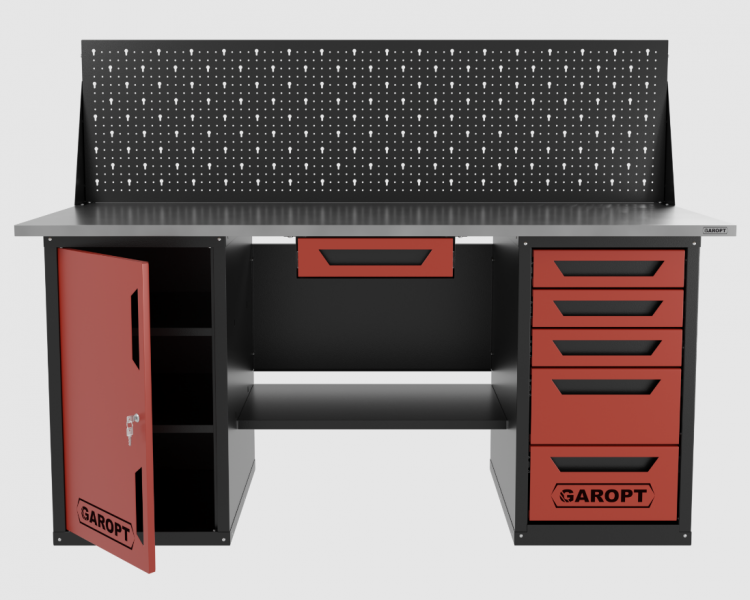 Верстак двухтумбовый дверь/5 ящиков с экраном и ящиком, красный 1800*700 Garopt, GT1800DY1Y5PP.red