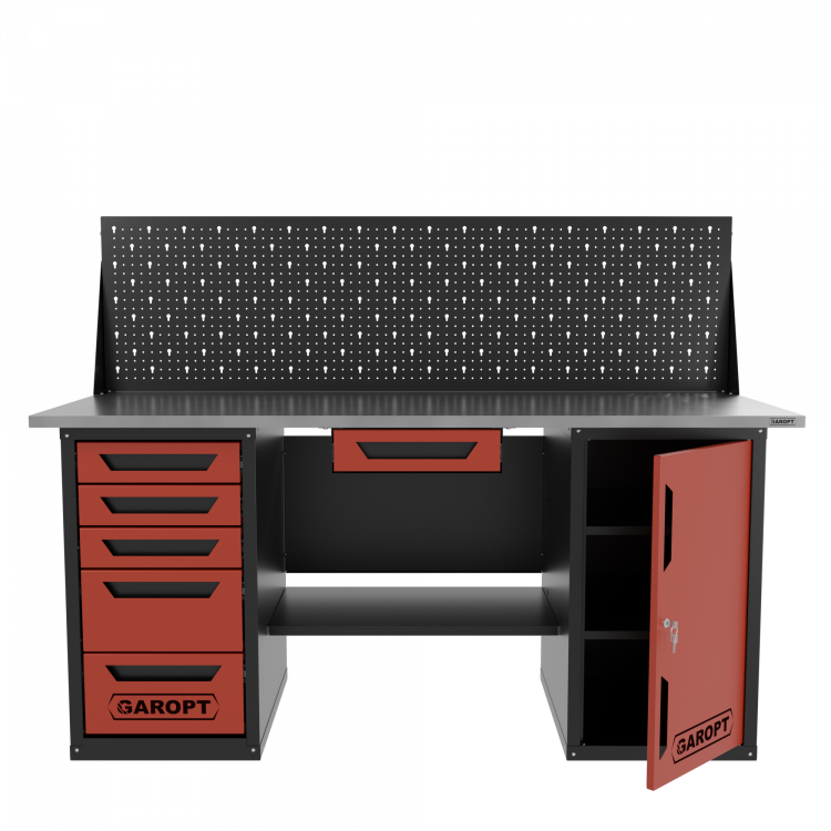 Верстак двухтумбовый дверь/5 ящиков с экраном и ящиком, красный 1800*700 Garopt, GT1800DY1Y5PP.red