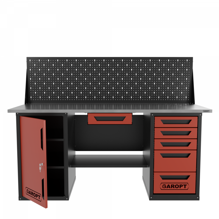 Верстак двухтумбовый дверь/5 ящиков с экраном и ящиком, красный 1800*700 Garopt, GT1800DY1Y5PP.red