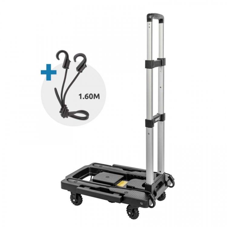 Тележка платформенная складная с телескопической ручкой+2крюка на эластичных ремнях L-1.6м(500х315/370мм;ручка 410-790мм,max нагр.140кг,5 колес) Тележка платформенная складная с телескопической ручкой+2крюка на эластичных ремнях L-1.6м(500х315/370мм;ручка 410-790мм,max нагр.140кг,5 колес)