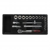 Набор инструментов 3/8"6 гр.(8-24мм, трещотка 72 зуб.,вороток 150мм,удлинители 75-150мм, кардан шарнирный) 20пр, в лотке