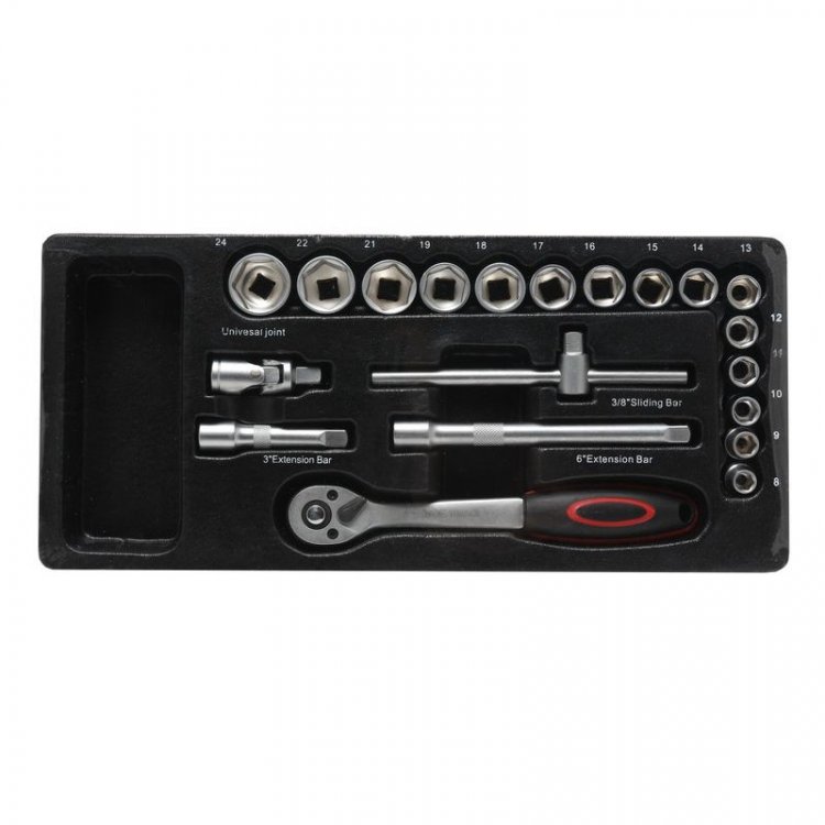 Набор инструментов 3/8"6 гр.(8-24мм, трещотка 72 зуб.,вороток 150мм,удлинители 75-150мм, кардан шарнирный) 20пр, в лотке Набор инструментов 3/8"6 гр.(8-24мм, трещотка 72 зуб.,вороток 150мм,удлинители 75-150мм, кардан шарнирный) 20пр, в лотке