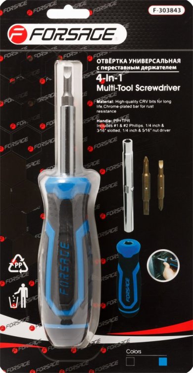 Отвертка универсальная переставная с комплектом бит, L-200мм (PH1, PH2, SL4.5, SL5.5), в блистере