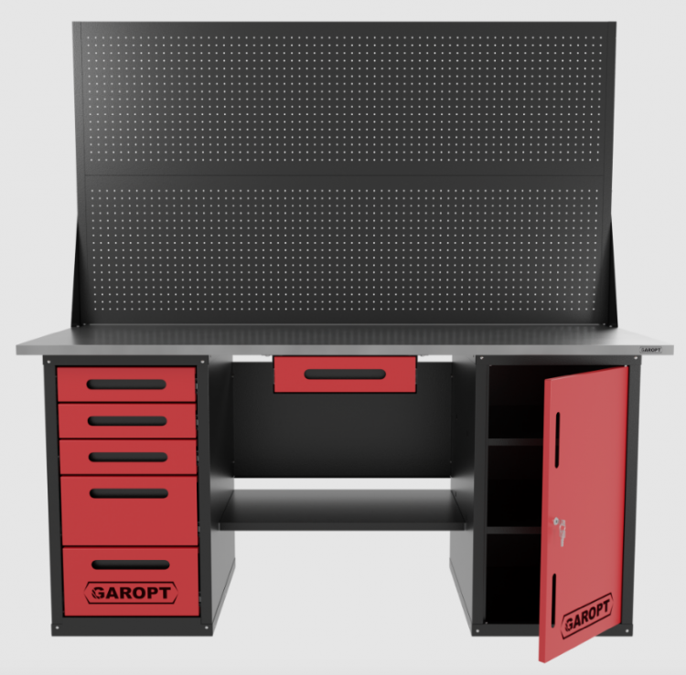 Верстак двухтумбовый дверь/5 ящиков с двумя экранами и ящиком, красный 1800*700 Garopt, GT1800DY1Y5PP2.red Верстак двухтумбовый дверь/5 ящиков с двумя экранами и ящиком, красный 1800*700 Garopt, GT1800DY1Y5PP2.red